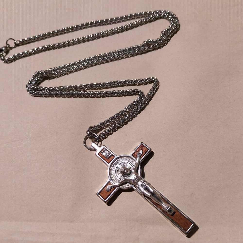 Silver & Brown Crucifix Pendant Necklace - Picture 7 of 10